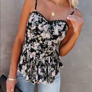 VICI BLACK WILLARD FLORAL EMBROIDERED PEPLUM TANK NWOT SIZE SM